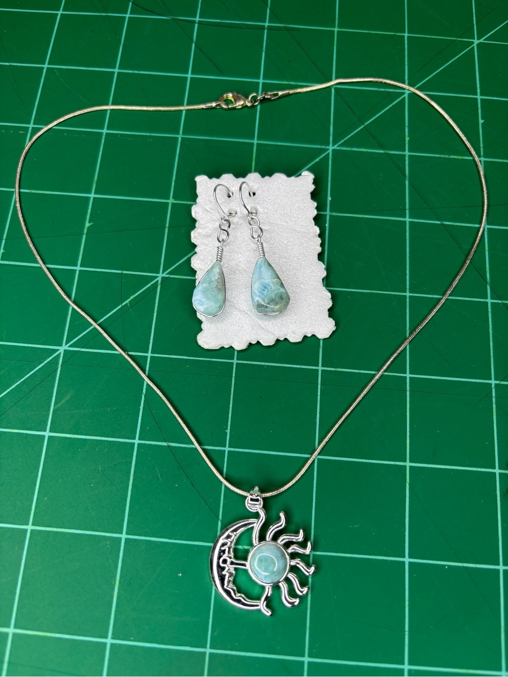 Silver Sun & Moon Pendant Necklace & Earrings Blue-Green Gemstone 925 Stamp